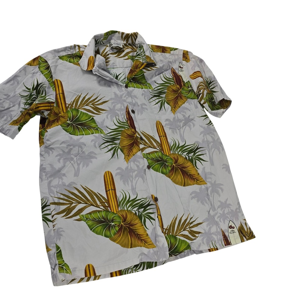 Aloha Republic Mens Hawaiian Shirt L Grey Surfboard Tropical‎ Cotton Made Hawaii